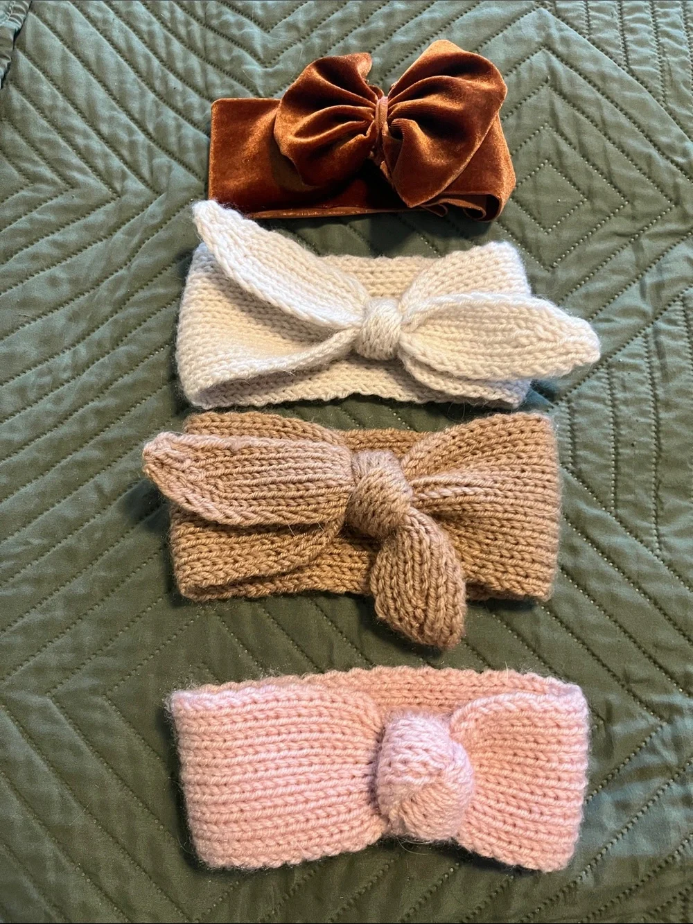 Kids Knit & Velvet Bow Headband Set - Pink, Cream, Beige, Rust